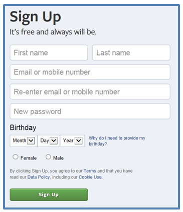 Facebook sign up form