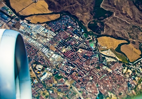 Airplane view over city